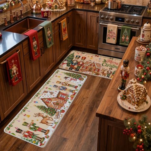 VISSTREE Xmas Nutcracker Kitchen Mats Set - Non-Slip Holiday Rug Collection
