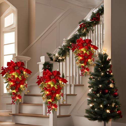 Pre-Lit Artificial Christmas Teardrop Swag with Poinsettias and Pinecones