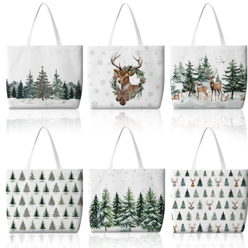 Bencailor 6 Pcs Christmas Canvas Tote Bags – Neutral Green Tree & Deer Pattern