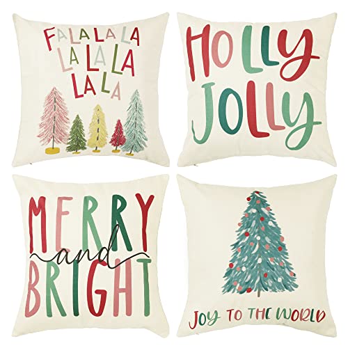 NEWLIGHTURE 18x18 Inch Throw Pillow Covers Set of 4 Christmas Holly Jolly Colorful