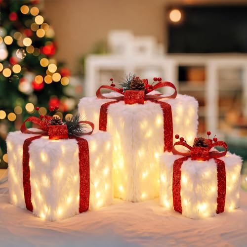 Christmas Lighted Gift Boxes Set - 3 Sizes Faux Snow Decor with LEDs & Bows