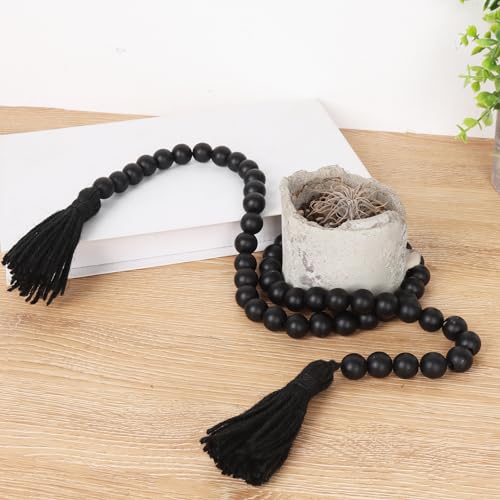 39-Inch Black Wood Bead Garland with Tassels, Rustic Farmhouse Decor