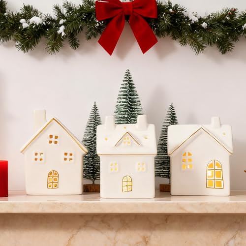 DN DECONATION 6PCS Christmas Village Houses Decorations Set, Light Up White & Gold Ceramic Houses and Frosted Christmas Trees, Small House Village Set with Lights for Tabletop Winter Xmas Decor Town
