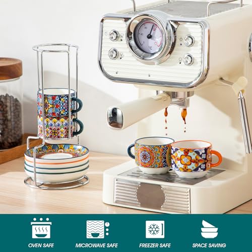 Vancasso Bohemian 2.5oz Stackable Espresso Cup Set of 4 with Saucers