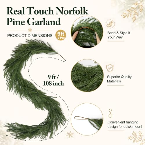 Worthyeah 2 Pcs 9 Ft Real Touch Norfolk Pine Garland for Mantel, Indoor/Outdoor Christmas