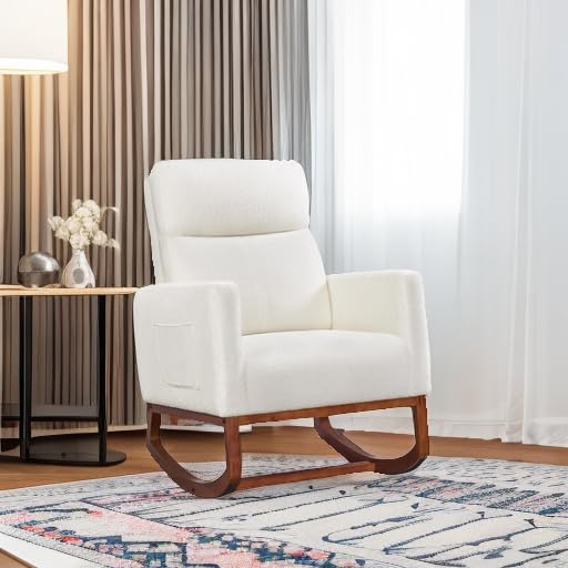 Ivory Boucle Padded Rocking Chair with Side Pockets and Wood Base