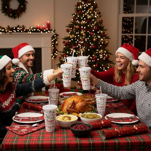 Willinglong Christmas Light Bulb Themed 24 oz Reusable Tumblers with Lids & Straws – Bulk Gift Set for Staff and Coworkers
