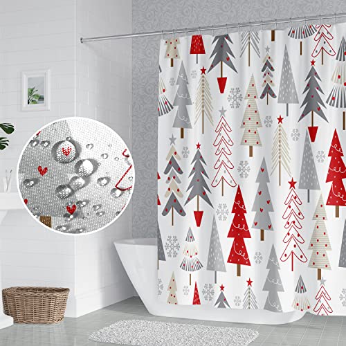 Christmas Tree Bathroom Shower Curtain Grey Pines Pattern Snowflakes