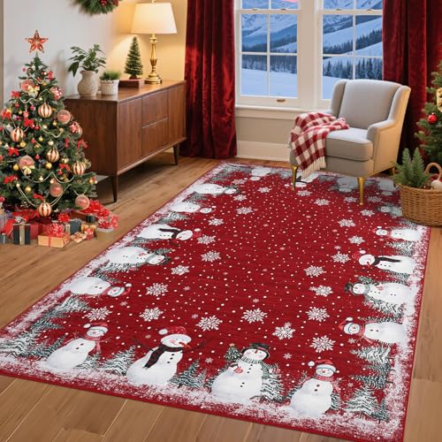 GarveeHome Snowman Red Christmas Area Rug 8x10 Non Slip Holiday Decor