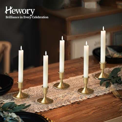 Hewory Gold 12pcs Taper Candle Holder Set for Weddings & Holidays - Small Brass Candlesticks for Centerpieces, Table Decor
