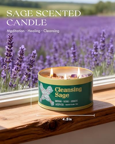 Sage Cleansing Candle with Crystals - 12oz 3-Wick Soy Aromatherapy Candle