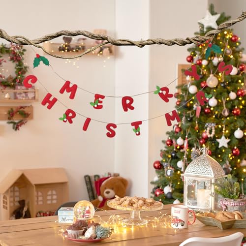 Tegeme 30-Inch Felt Christmas Garland Banner with Wool Wreath