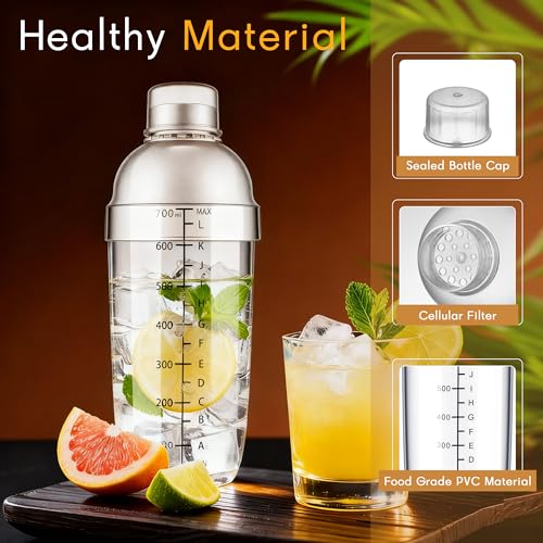 BETTFOR 24oz (700ml) Plastic Cocktail Shaker with Measuring Scale - Leak-Proof Drink Mixer