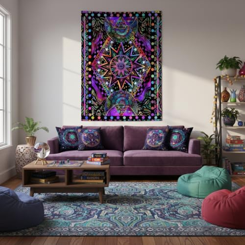 Blacklight Sun and Moon Tapestry - UV Reactive Glow Wall Hanging (40" x 30")