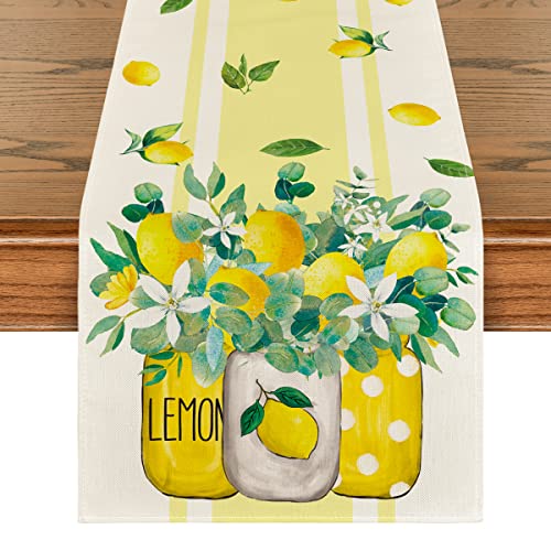 Artoid Mode 13x90 inch Yellow Stripes Table Runner – Lemon Summer Kitchen Dining Decor