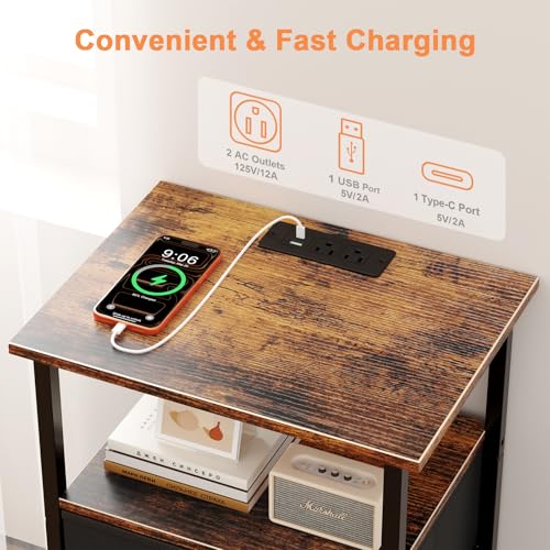 Nightstand with Charging Station, 2 Fabric Drawers & USB Ports