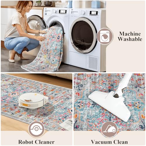 2x6 Washable Boho Hallway Runner Rug, Non-Slip Faux Wool Kitchen Mat