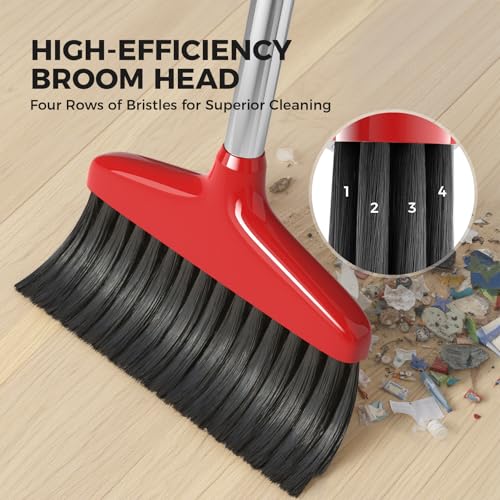 Heavy-Duty Indoor & Outdoor Broom with 48" Stainless Steel Handle (Red)