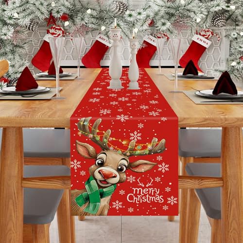 Red 13x90 Inch Merry Christmas Table Runner with Reindeer & Snowflake - QIONG MENG