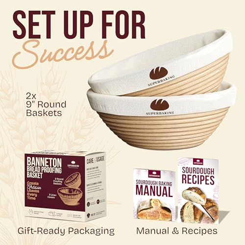 Sourdough Bread Proofing Basket Set - 9 Inch Round Banneton Kit (2 Pack)
