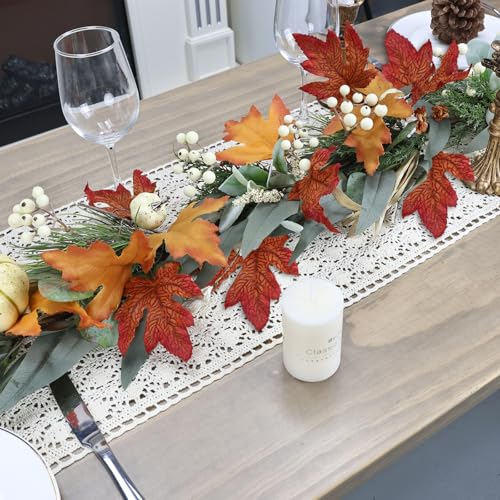 6FT Lighted Fall Maple Leaf Garland with Timer & Pumpkins for Mantel Decor