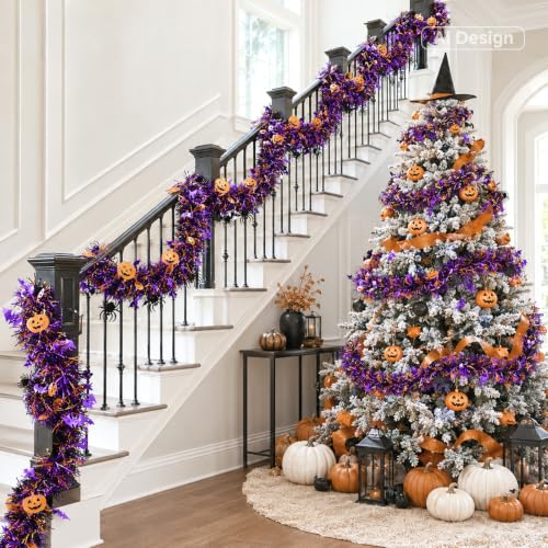 Halloween Metallic Tinsel Garland with Pumpkin & Bat Accents, 33 FT