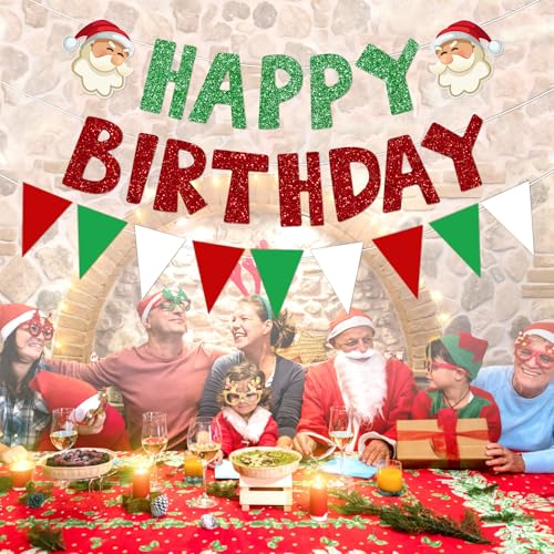 Christmas Birthday Banner, 2 Red/Green Banners with Triangle Pennant Garland