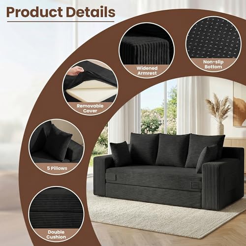 70-Inch 3-in-1 Convertible Sofa Bed, Corduroy Sleeper Couch with 5 Pillows