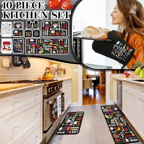 10-Piece Farmhouse Kitchen Decor Set with Towels, Rugs, Mitts, and Holders