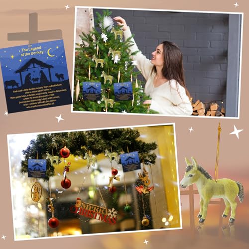 Religious Donkey Legend Christmas Ornaments Set - 12 Acrylic Holiday Decorations with Story Cards