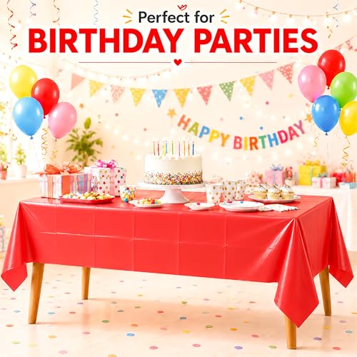 Red Disposable Tablecloths 54 x 108 in, 2 Pack Plastic Rectangular Covers for Parties