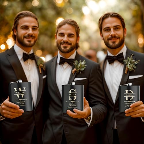 Stepdiy Black Personalized Groomsmen Flasks Set of 5 - Custom Engraved 8oz Stainless Steel Wedding Gifts