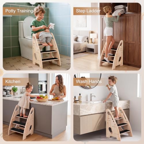 Adjustable Wooden Toddler Step Stool with Handles and Non-Slip Pads
