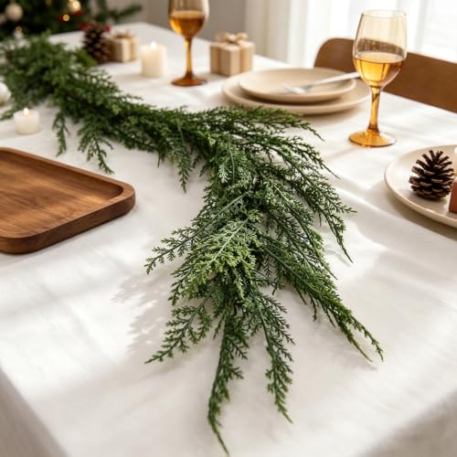 FAJUNZH 6FT Forest Green Cedar Garland with Layered Dimension - Soft Touch Greenery, Wired Branches, Realistic Holiday Decor