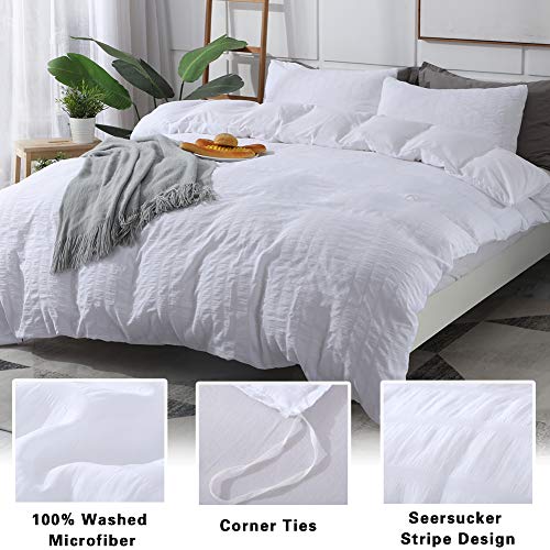White Queen Seersucker Duvet Cover Set - Soft Washed Microfiber Bedding