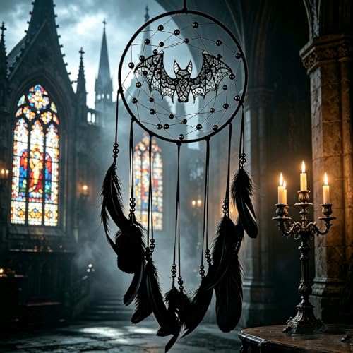 Large Gothic Black Dreamcatcher with Bat Accents for Wall Decor