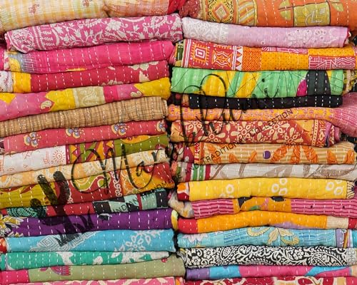 Handmade Reversible Kantha Quilt - Vintage Cotton Throw Blanket
