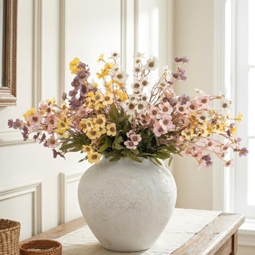 Rustic White Round Ceramic Vase - 11 Inch Textured Table Centerpiece Decor