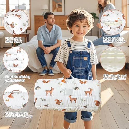 Toddler Nap Mat with Pillow and Minky Fleece Blanket, 55"x23" Woodland Animal
