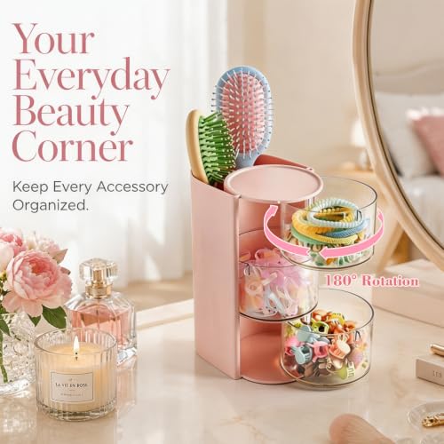 Pink 3-Layer Hair Accessories Organizer with Rotating Hair Brush Holder