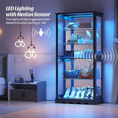 71" Tall Glass Display Cabinet with RGB Motion Sensor LED Lighting, Black