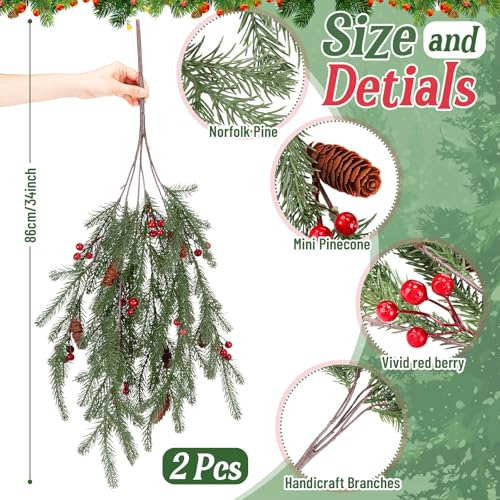 Suncalla 2 Pack 34-Inch Norfolk Artificial Christmas Pine Branches with Berries & Pinecones