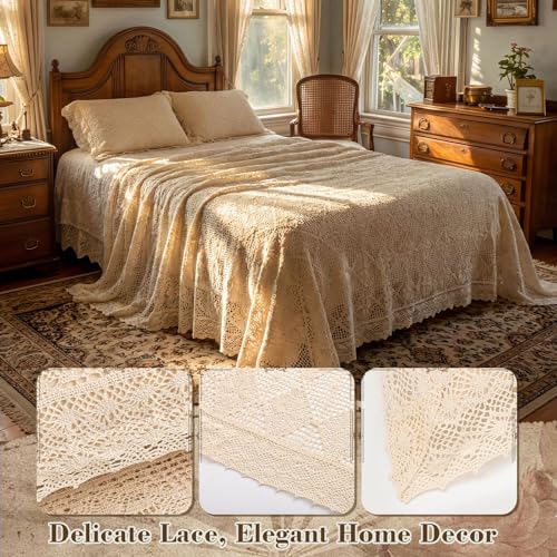 Large Vintage Beige Lace Crochet Bedding Set with Pillowcases