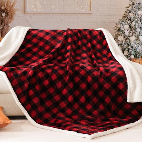 BEAUTEX Twin Sherpa Fleece Buffalo Plaid Blanket - 60x80 inches, Red
