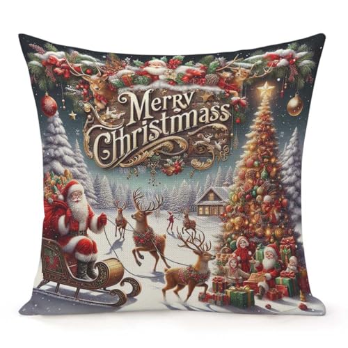 2 Pack 16x16 Inch Merry Christmas Santa Reindeer Snowflake Pillow Covers - Home Decor Cushion Cases for Sofa Bed Living Room