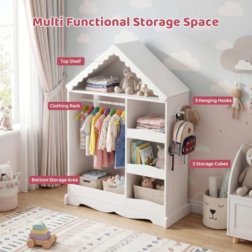 Kids Wardrobe Closet with Mirror, Hanging Rod & Storage Shelves (White)