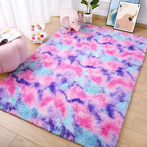 Soft Rainbow Area Rug - 3x5 Feet Fluffy Kids Room & Nursery Carpet