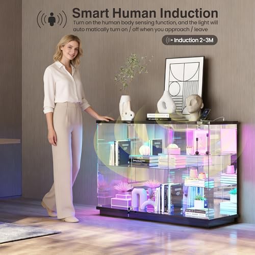 RGB Glass Display Cabinet with Lock and Motion Sensor, Black