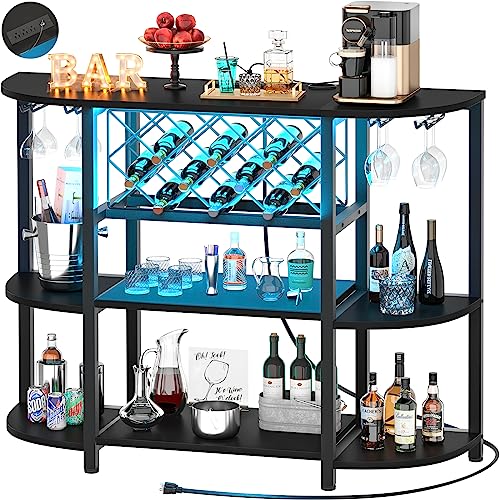 4-Tier Coffee Bar Cabinet with LED Lights, Power Outlets & Wine Storage