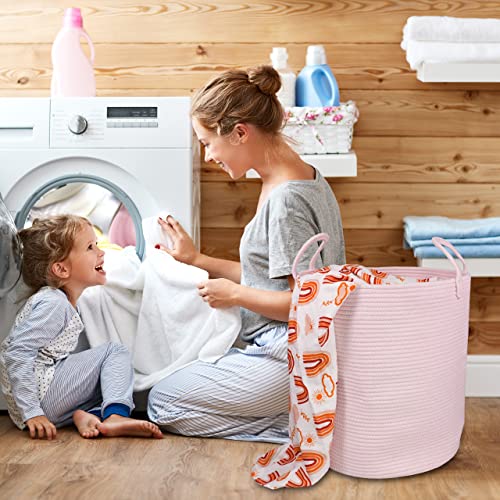 Pink Cotton Rope Laundry Basket - Tall Woven Nursery Hamper for Toys & Blankets